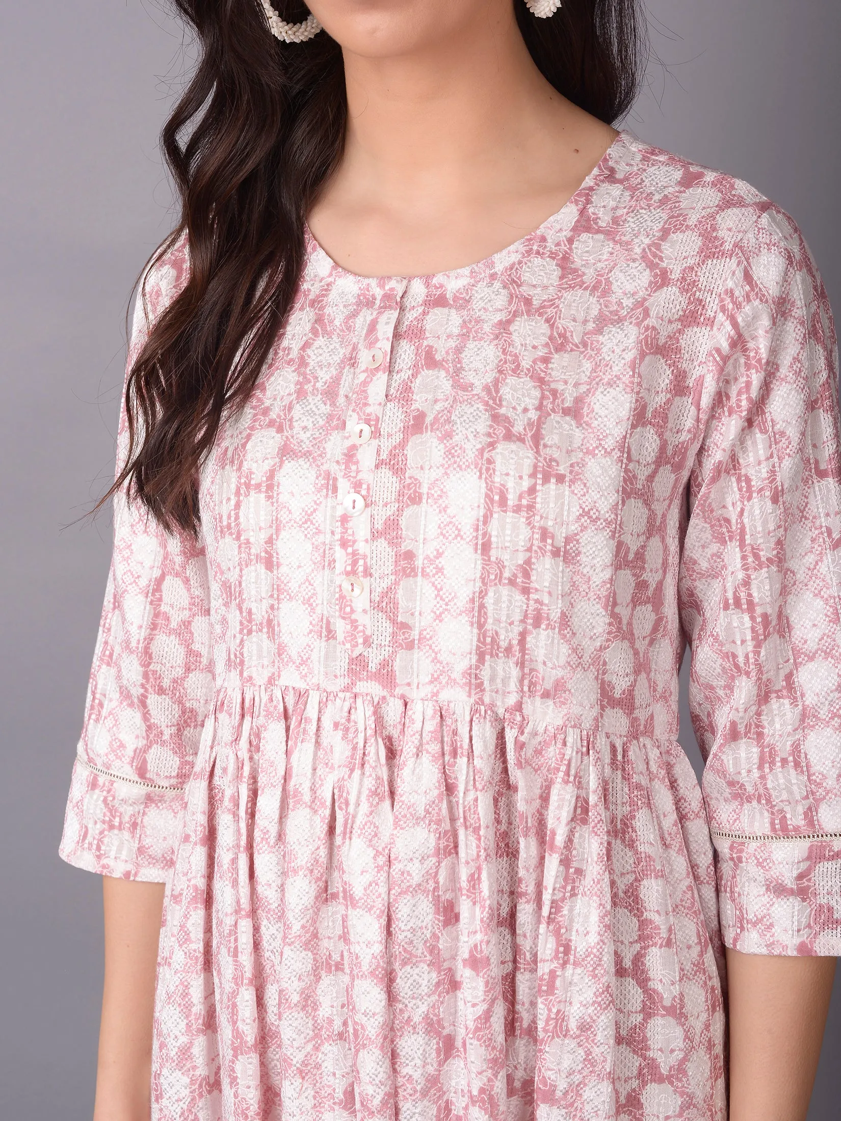 Women Pink Round Neck Dress EasyCareMaterial