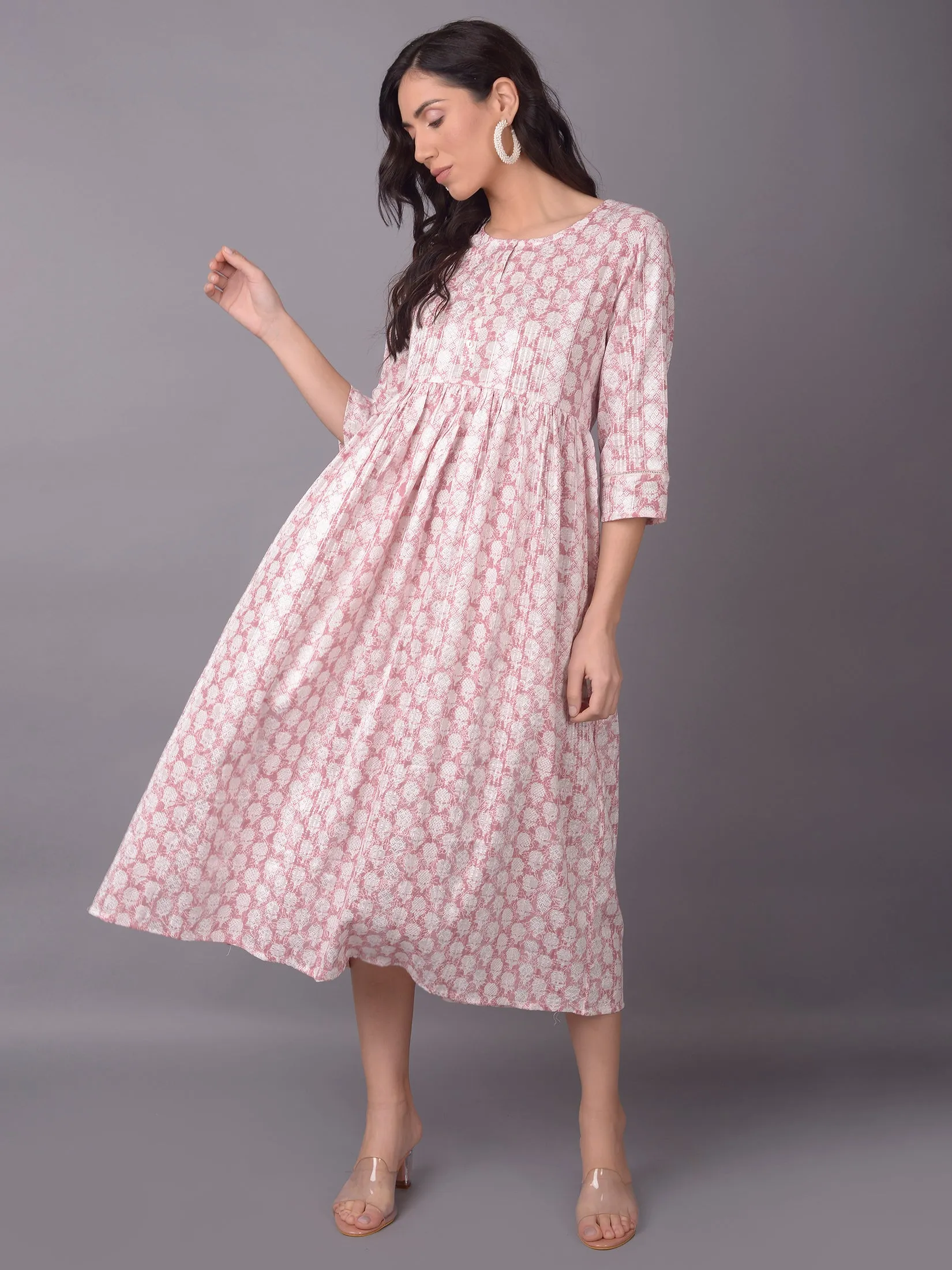 Women Pink Round Neck Dress AdjustableWaistband