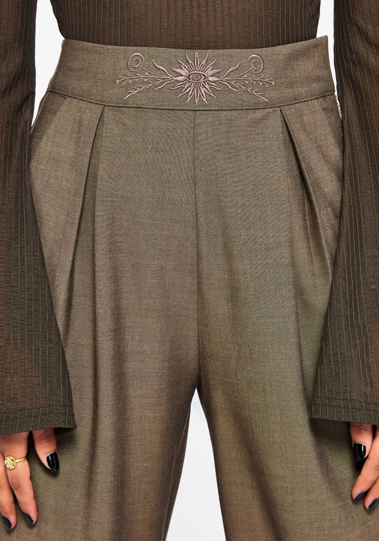 Flattering Design Wear Mystic Embroidered Turn Up Wide Leg Trouser
