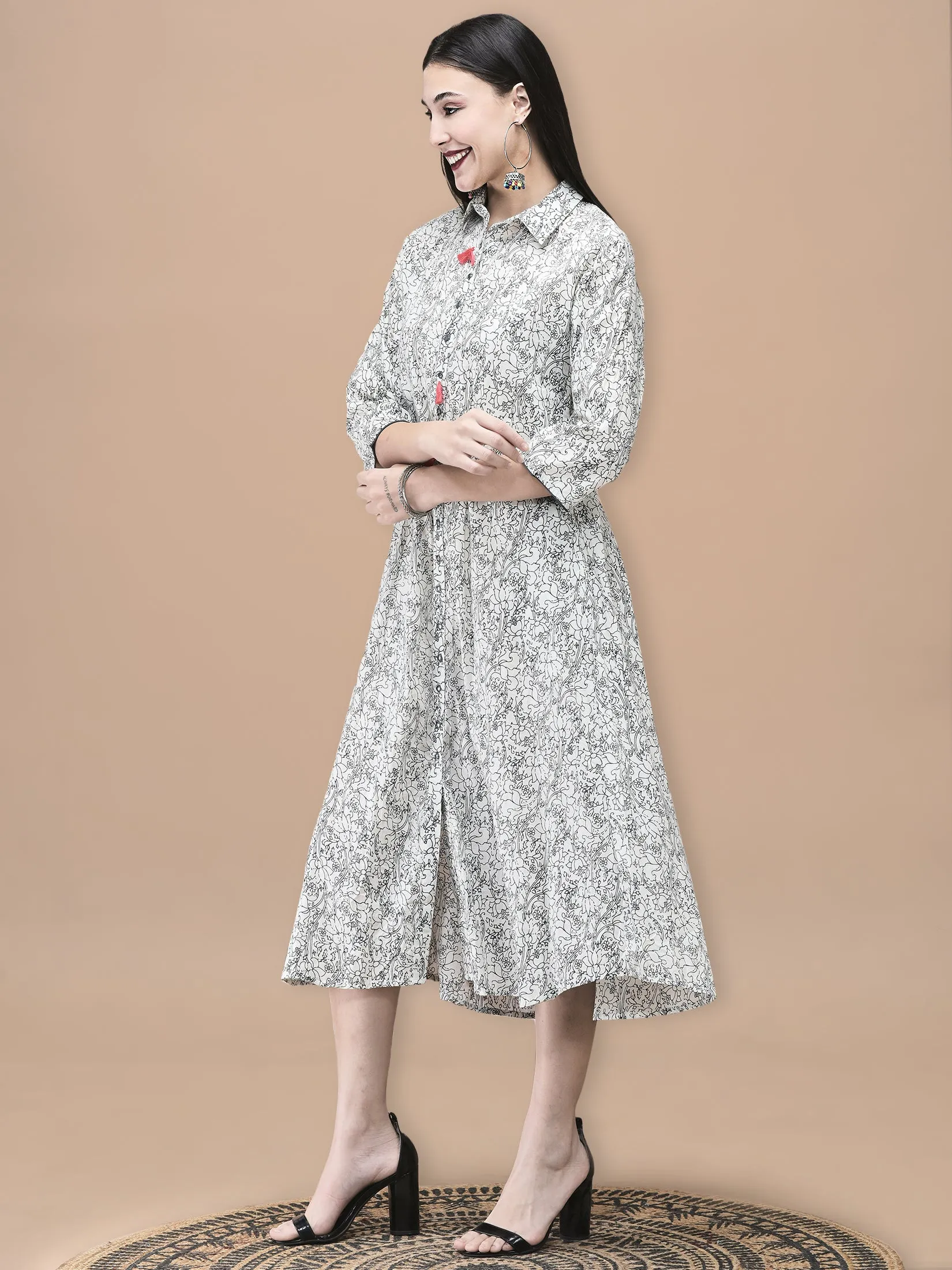 Women Cotton Off White and Blue Floral Print Dress OdorControlTech Zero Waste