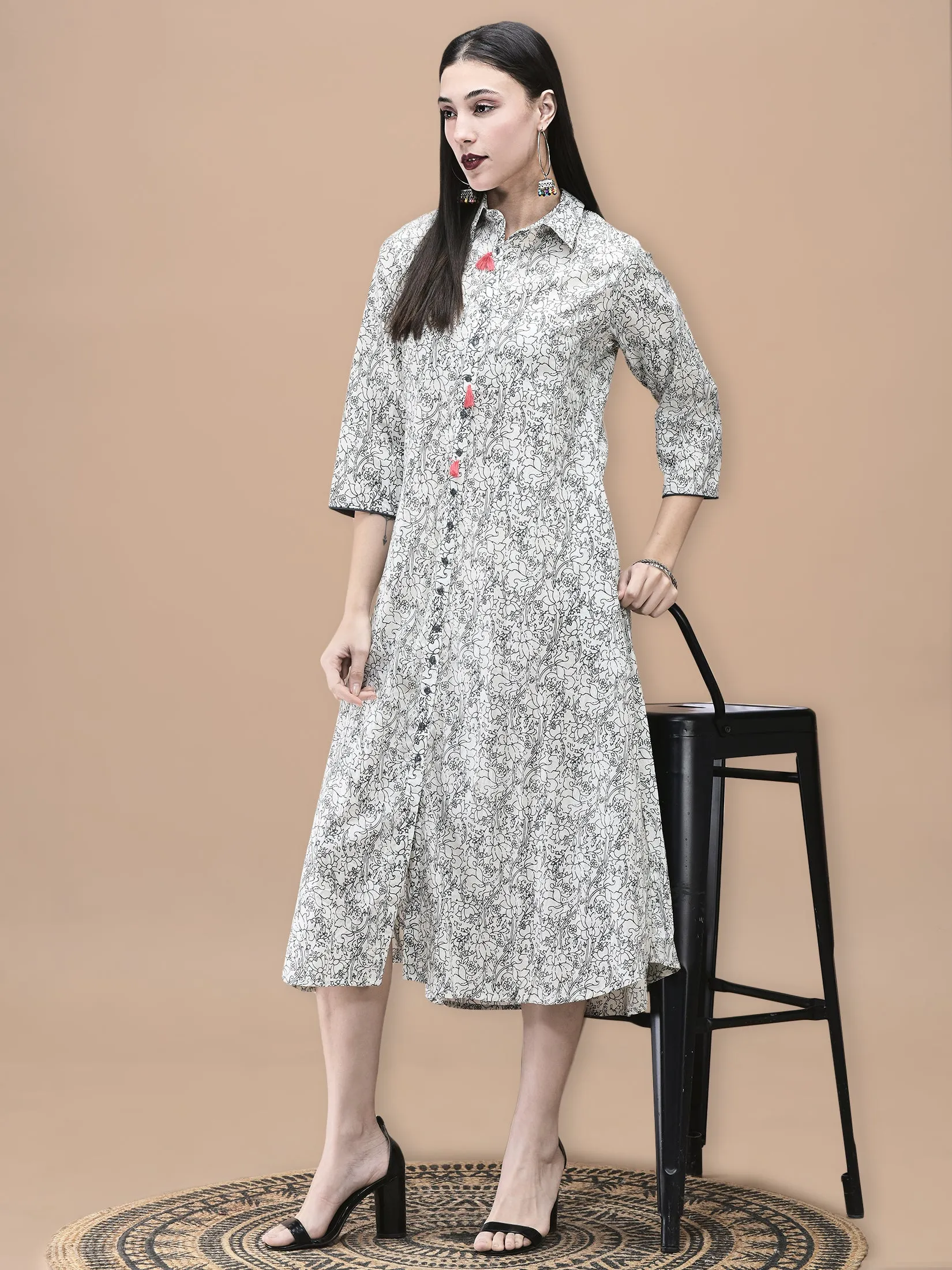 Women Cotton Off White and Blue Floral Print Dress Fashion Layers