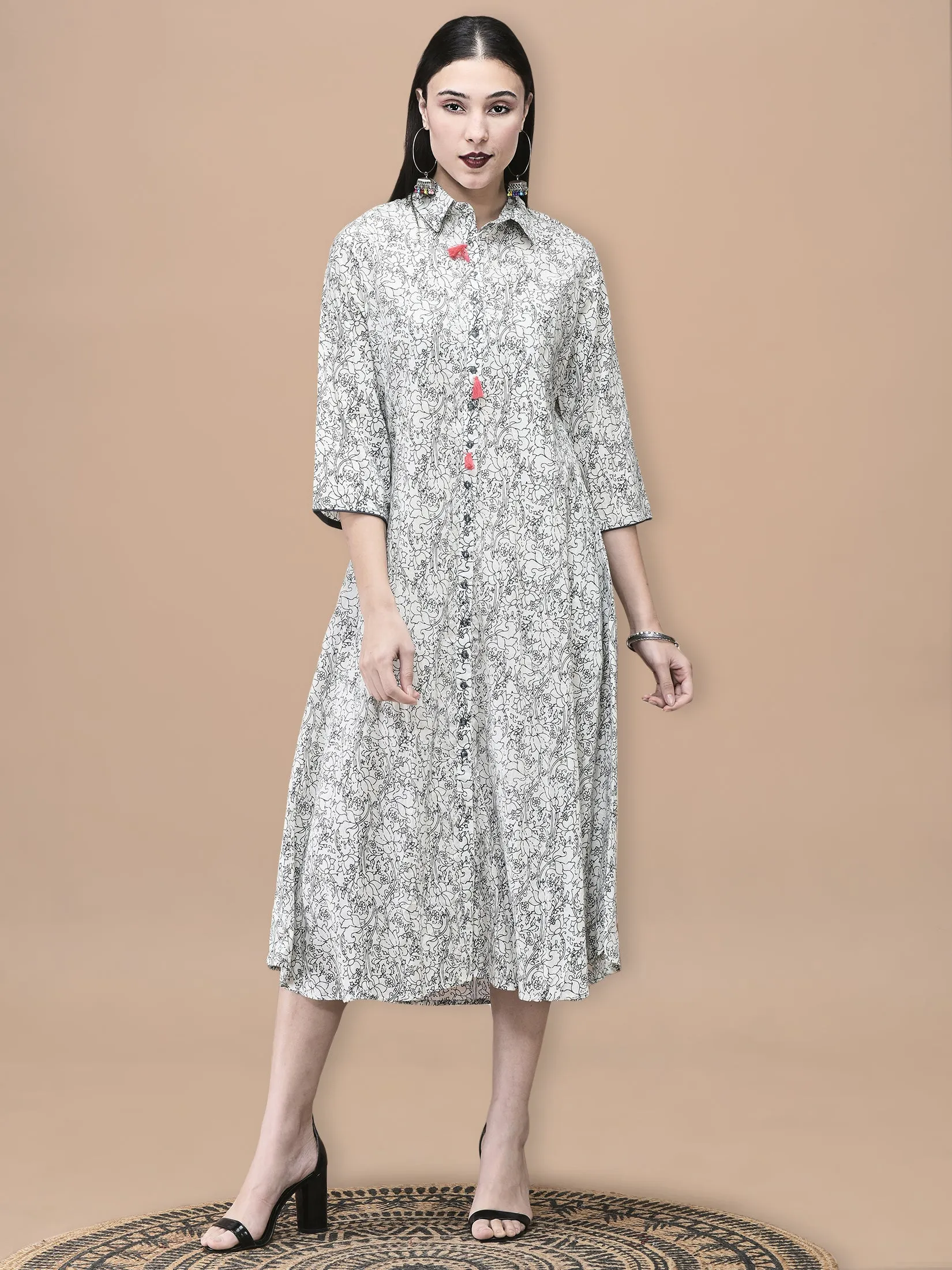 Streetwear Style Women Cotton Off White and Blue Floral Print Dress