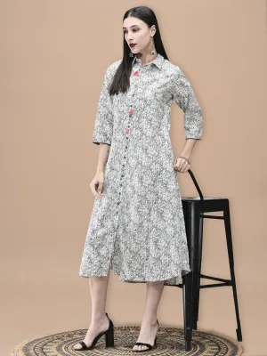 Women Cotton Off White and Blue Floral Print Dress Fashion Layers