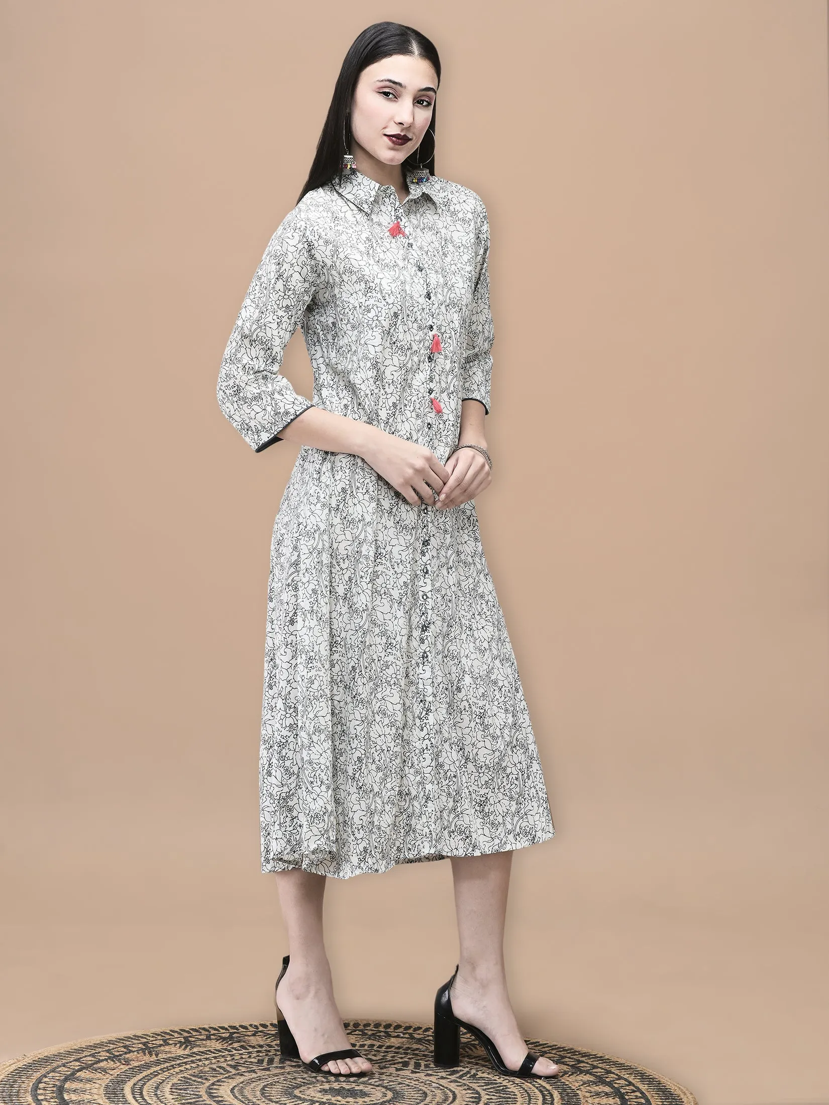 Sporty Jacket Premium Apparel Women Cotton Off White and Blue Floral Print Dress