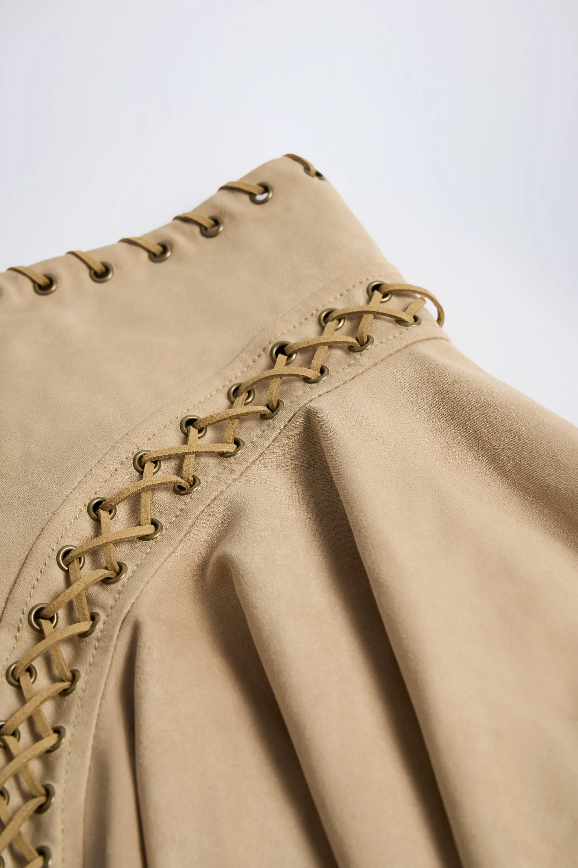 Lace-Up Mid-Rise Mini Skirt in Tan High Street Chic