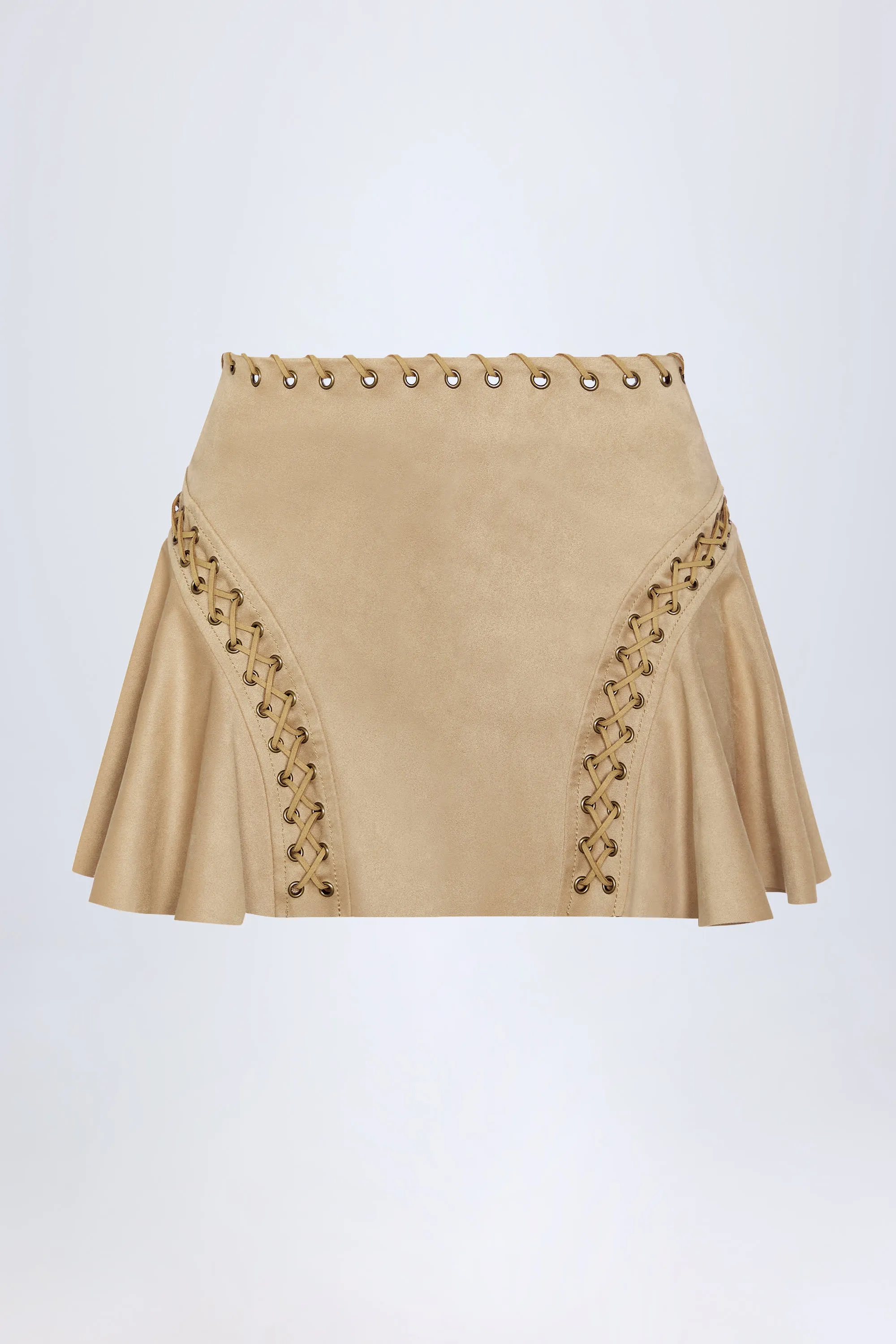 Lace-Up Mid-Rise Mini Skirt in Tan Global Inspiration Chic casual