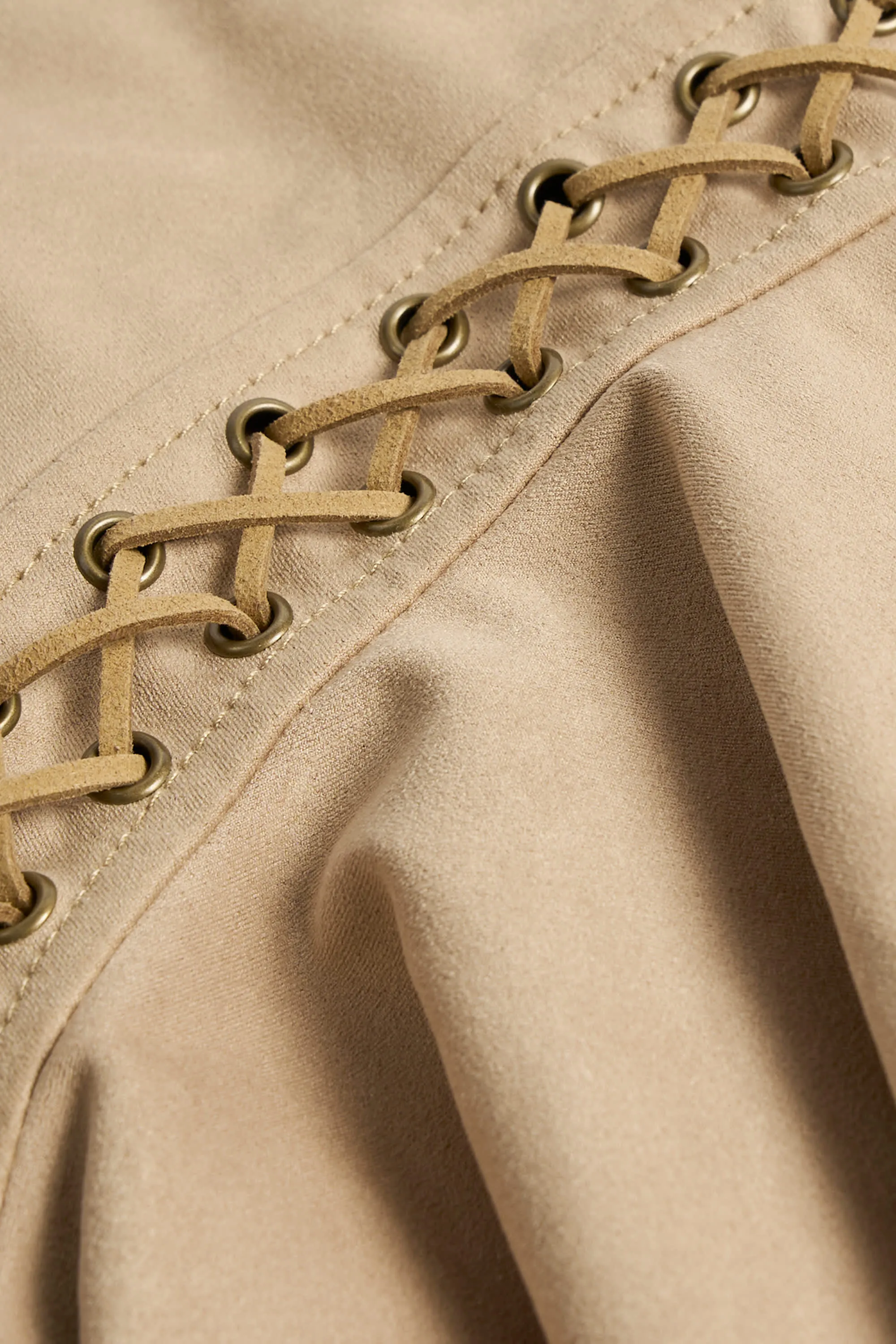 Contoured Waist Iconic Style Lace-Up Mid-Rise Mini Skirt in Tan
