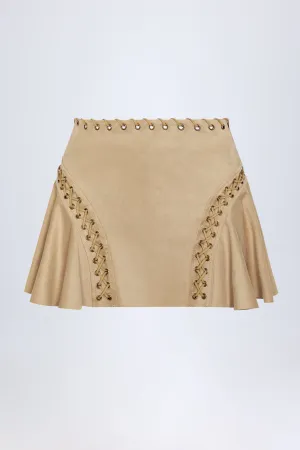 Lace-Up Mid-Rise Mini Skirt in Tan Global Inspiration Chic casual