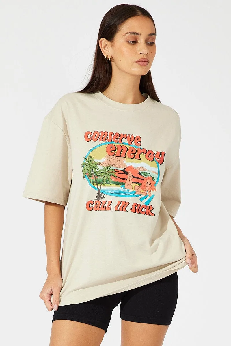 Timeless Fit Trendy Look Beige Graphic Tee Short Sleeve