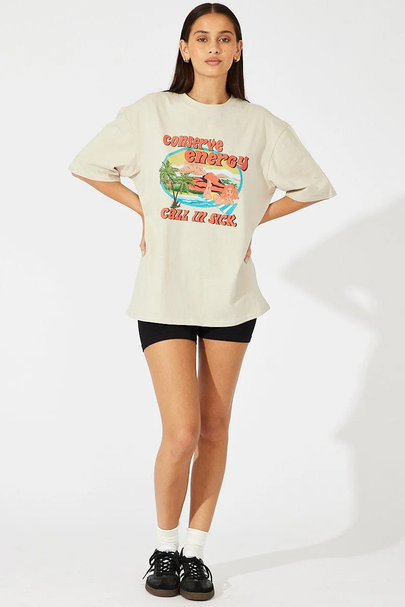 Beige Graphic Tee Short Sleeve Airflow Ventilation Design