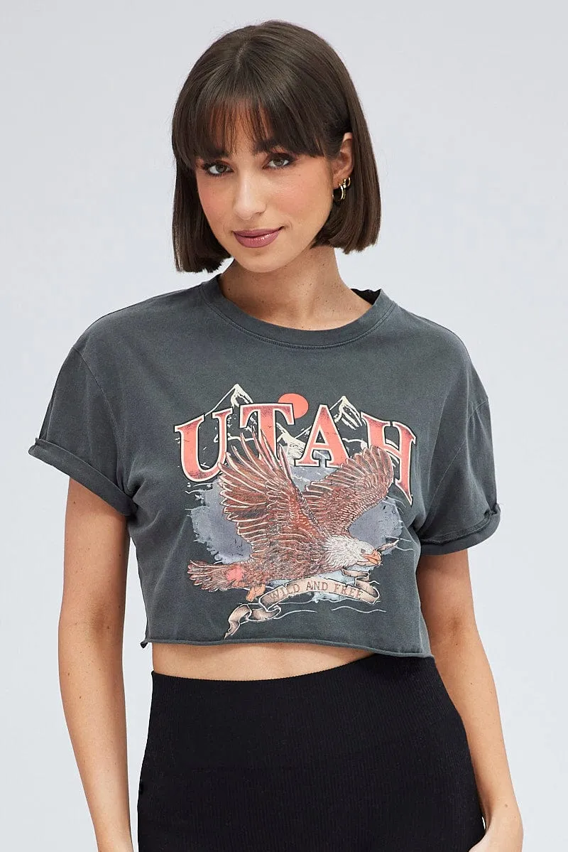 Comfy All-Day Anti-static Grey Crop Tee Short Sleeve Graphic Print