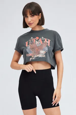 Grey Crop Tee Short Sleeve Graphic Print City Smart Look