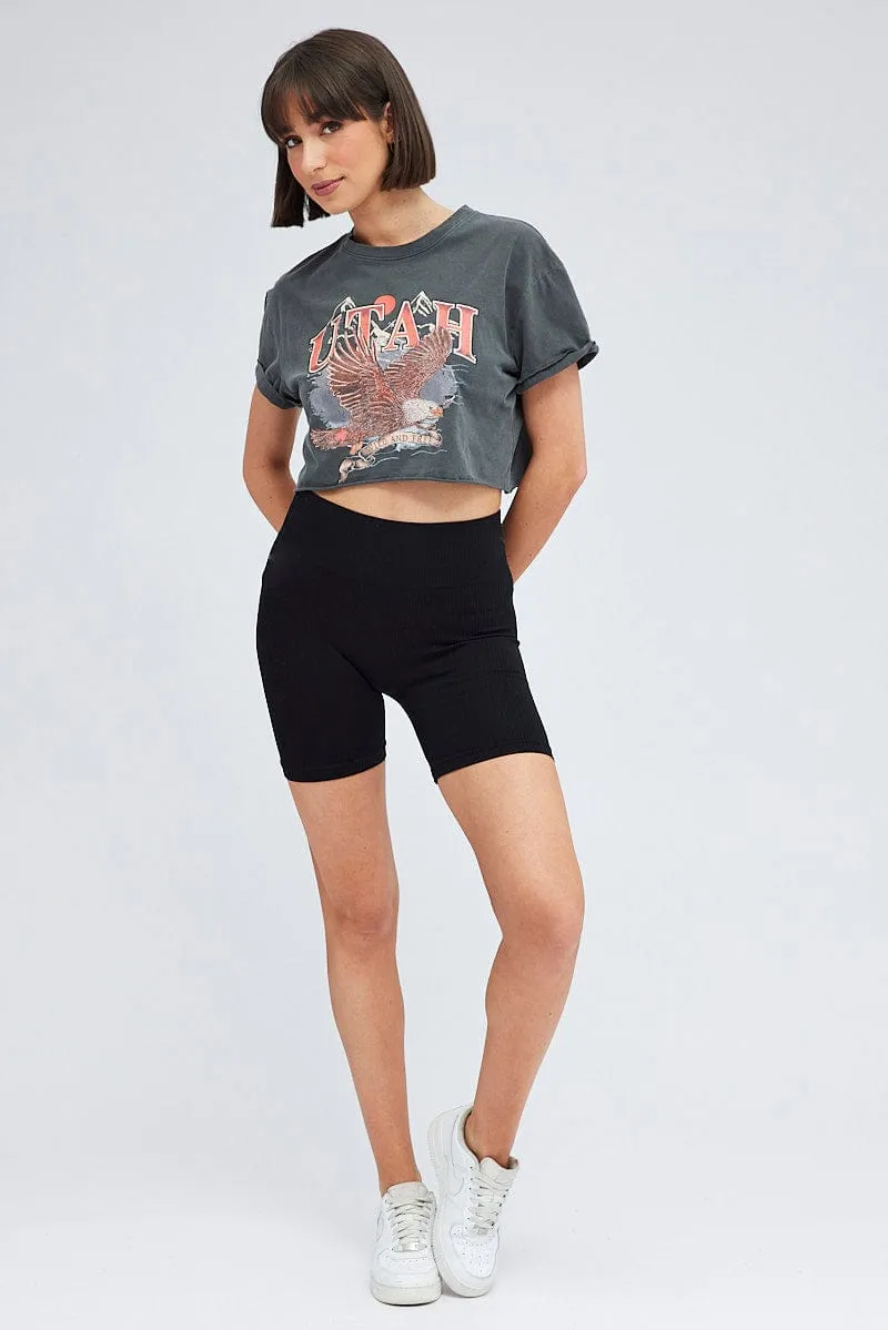 Sustainable production Foam Print Detail Grey Crop Tee Short Sleeve Graphic Print