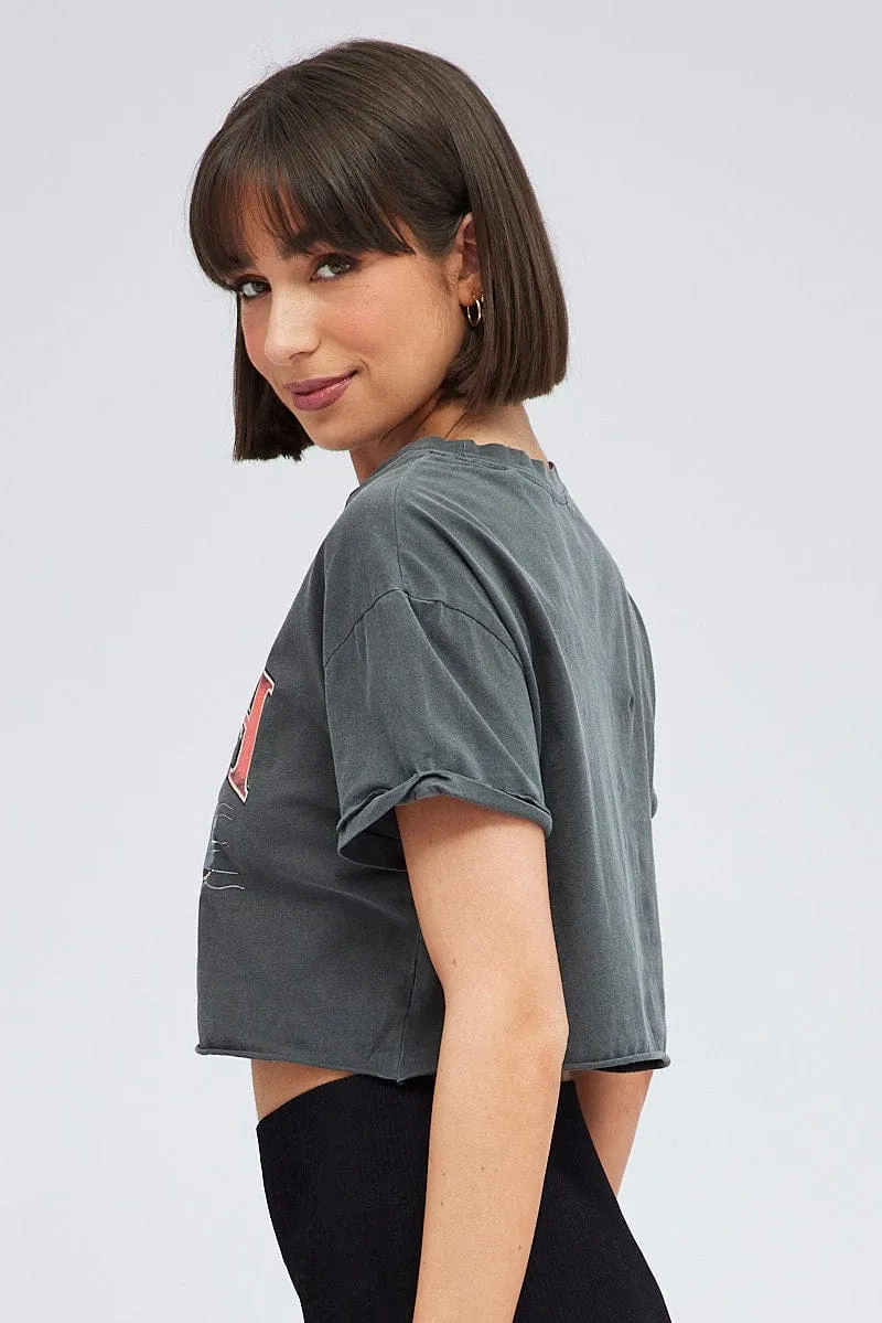 Trendy Piece On-the-Go Comfort Grey Crop Tee Short Sleeve Graphic Print