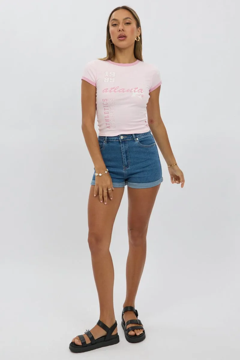 City Look Reinforced Neckline Pink Graphic Tee Short Sleeve