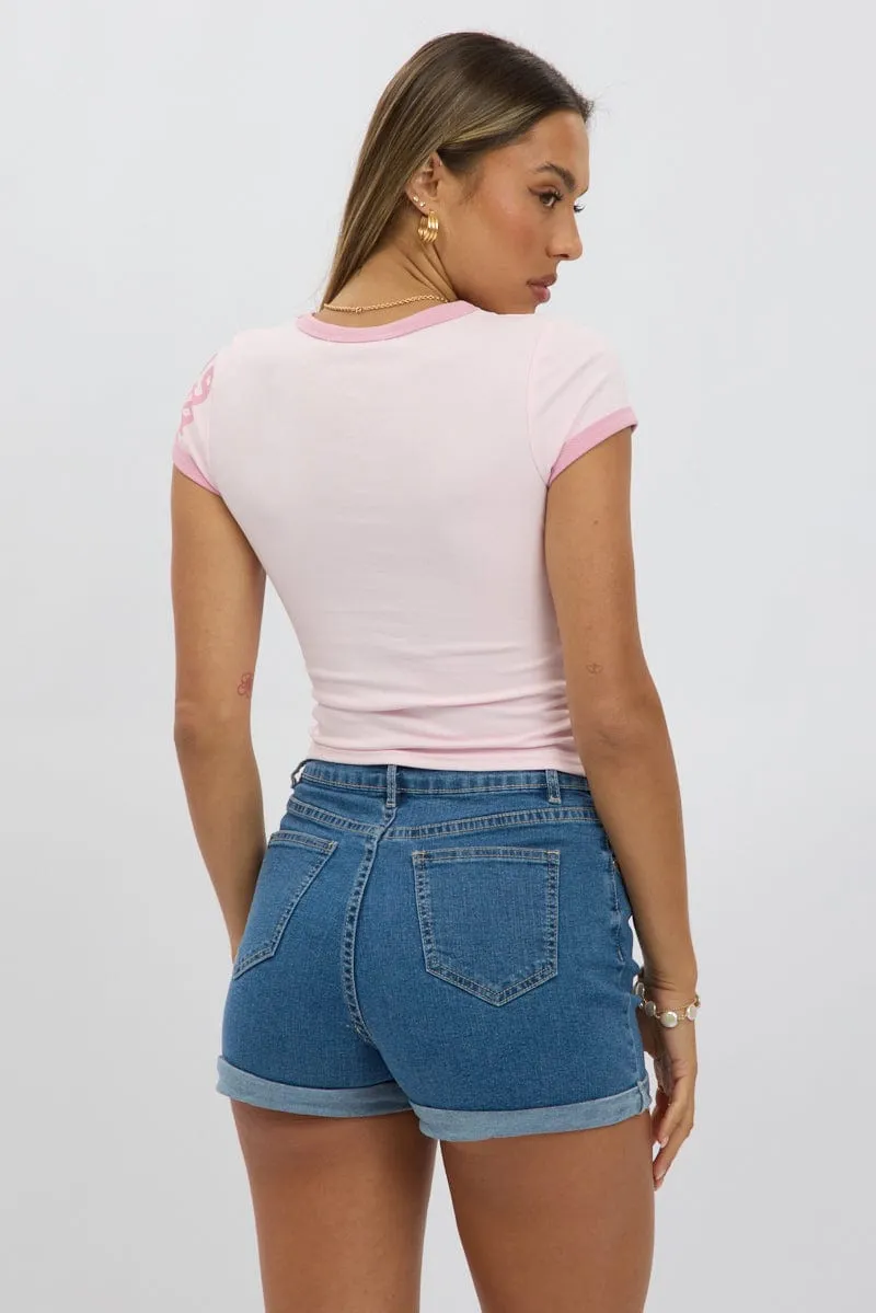 Minimal Style Trend Durable Colorfast Finish Pink Graphic Tee Short Sleeve