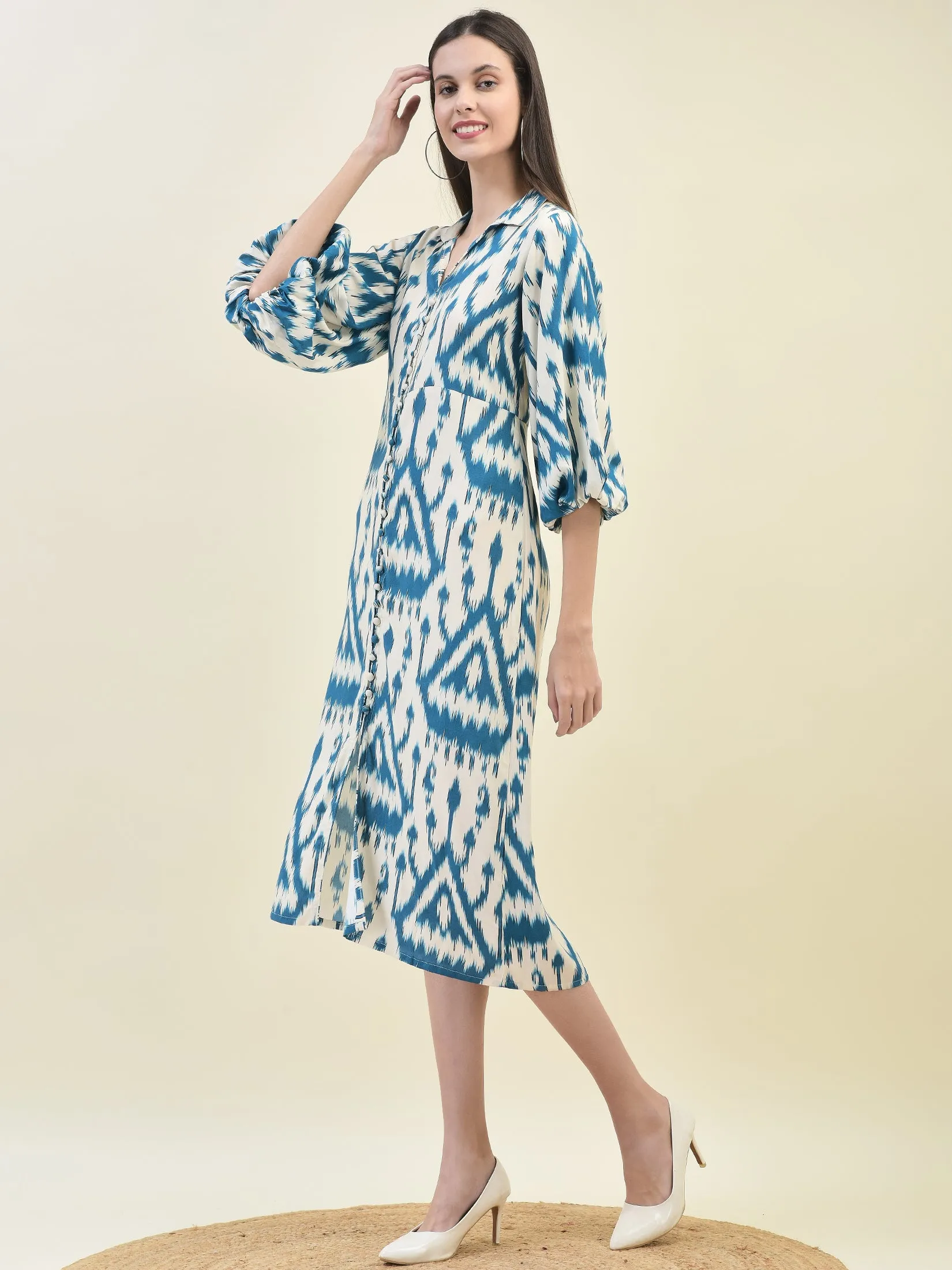 Women Liva Rayon Teal Ikat Print Dress AntibacterialFinish Insulated Jacket