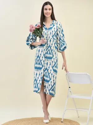 Sharp Line Easy Wash Women Liva Rayon Teal Ikat Print Dress