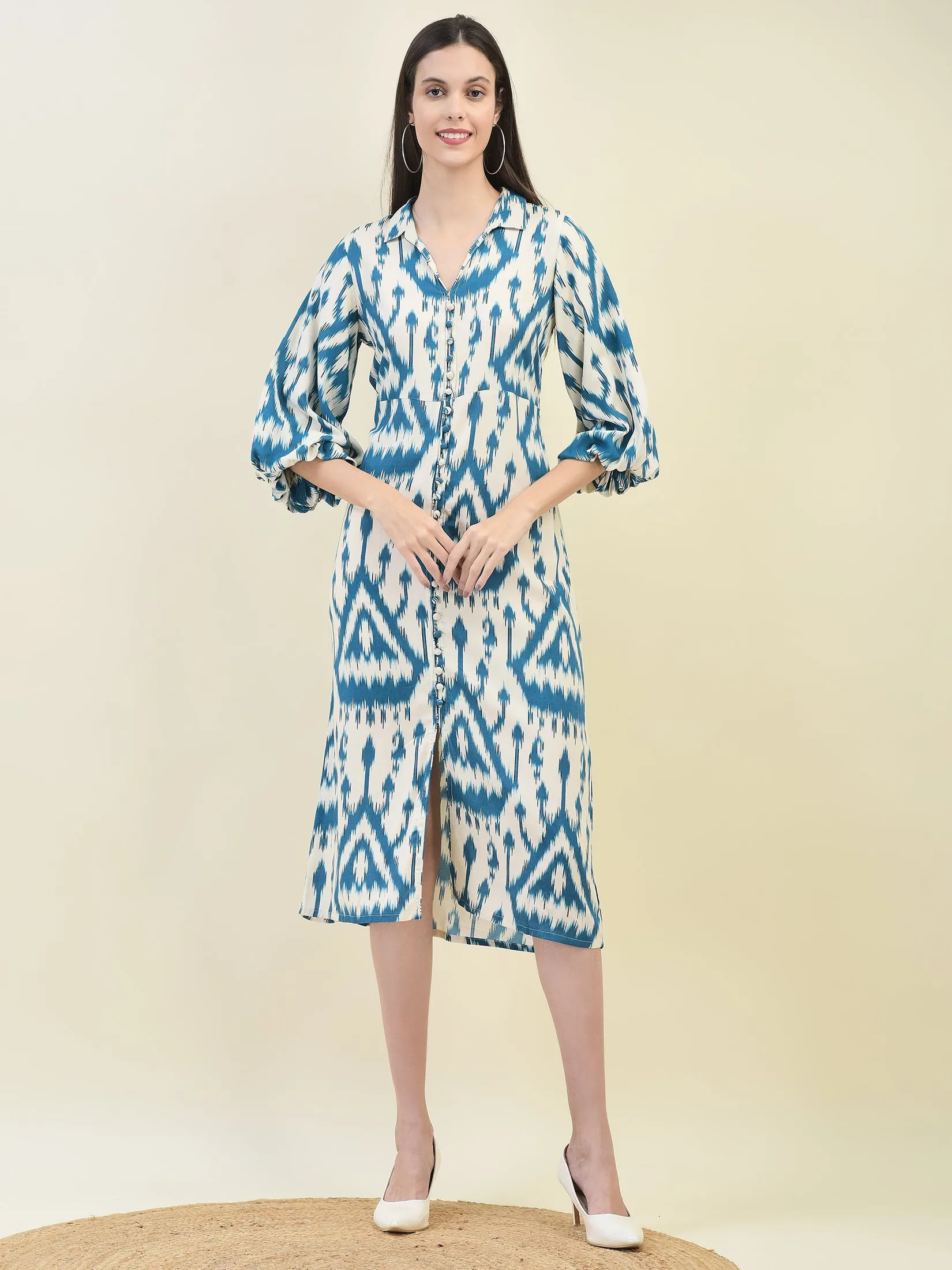 Women Liva Rayon Teal Ikat Print Dress Lightweight Construction