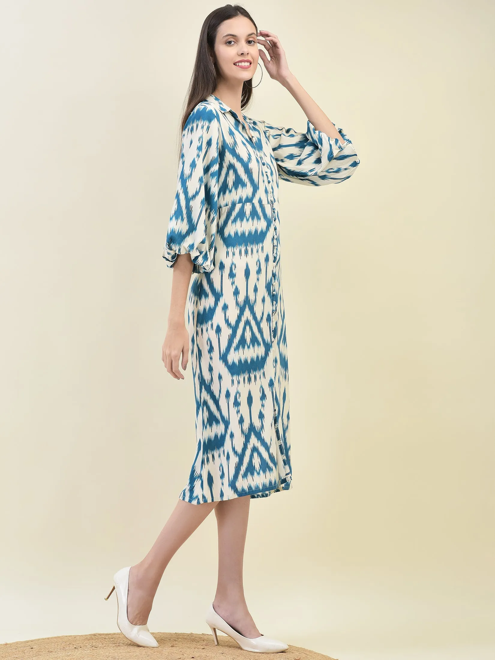 Fashion Layer Day Off Women Liva Rayon Teal Ikat Print Dress