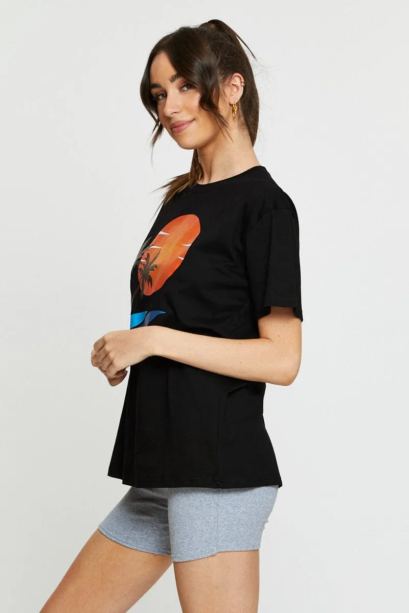 Black Graphic T-Shirt Short Sleeve HighElasticity Easy Fit
