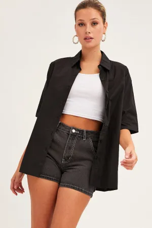 Virtual Fit Black Relaxed Fit Shirt Short Sleeve Collared Longline