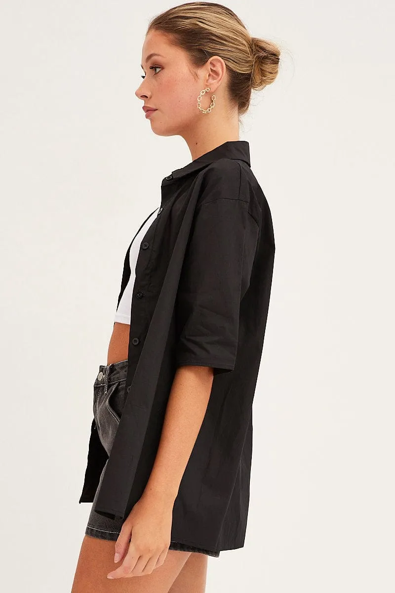 Black Relaxed Fit Shirt Short Sleeve Collared Longline World Glow