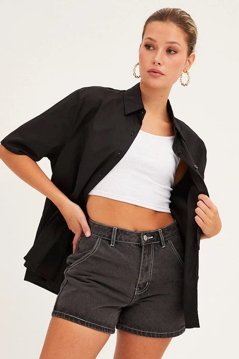 Comfortable Outfit Vintage Soul Black Relaxed Fit Shirt Short Sleeve Collared Longline