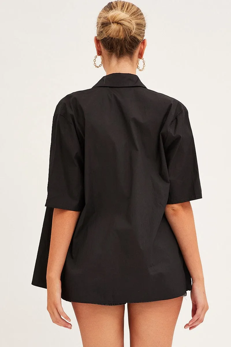 Black Relaxed Fit Shirt Short Sleeve Collared Longline Dance Flow