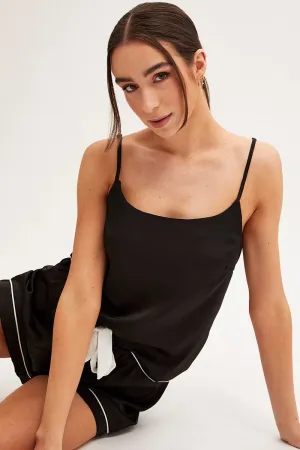 Home Wear Breezy Fit Black Pyjamas Set Scoop Neck Cami Top & Shorts Satin