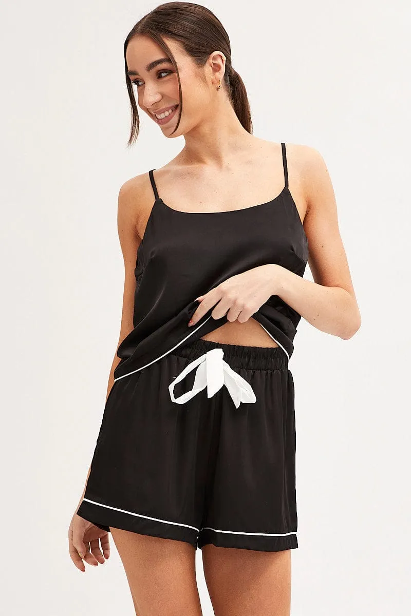 Summer Wardrobe WrinkleFreeFabric Black Pyjamas Set Scoop Neck Cami Top & Shorts Satin