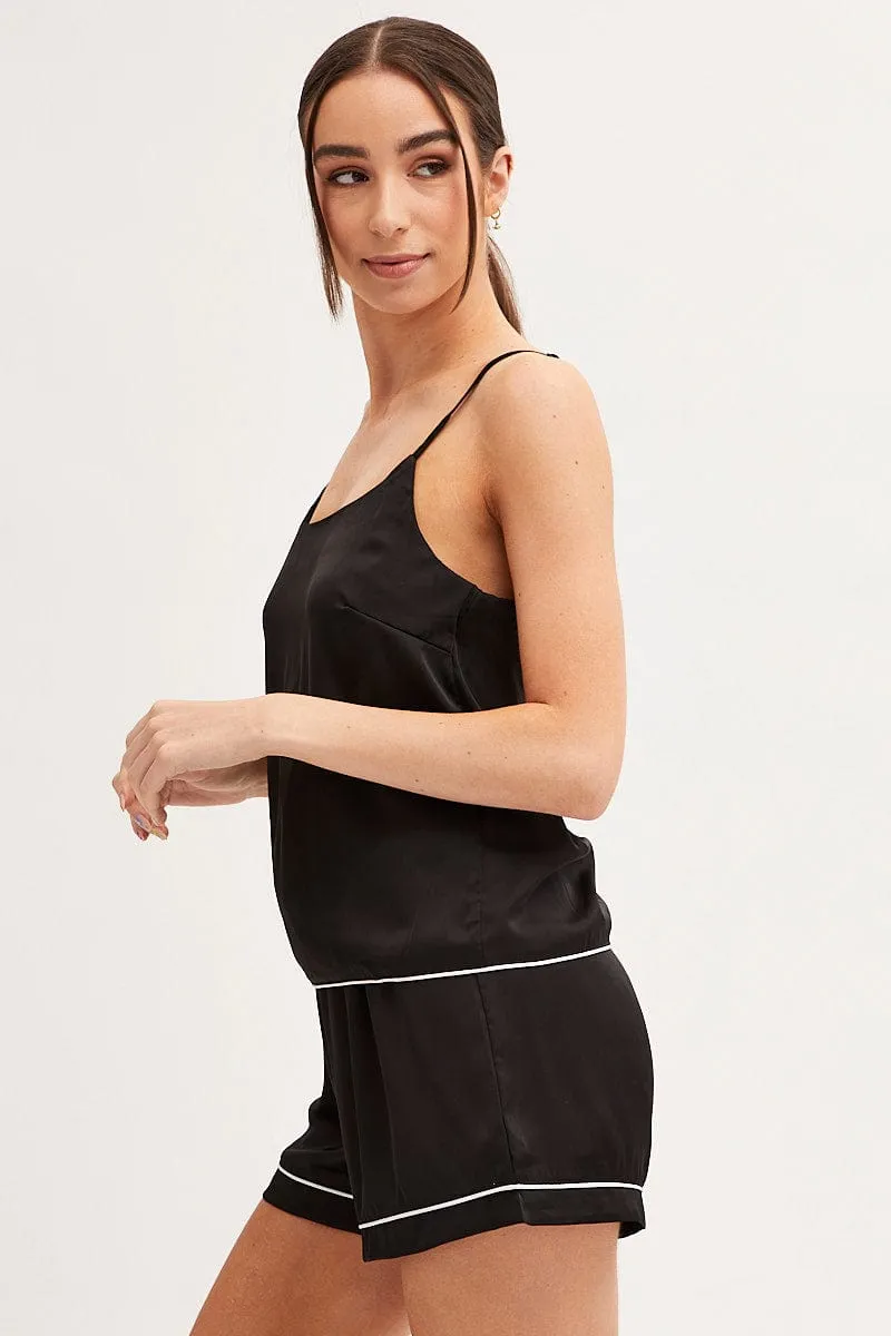 Black Pyjamas Set Scoop Neck Cami Top & Shorts Satin Ultra Soft Lining Sporty Look