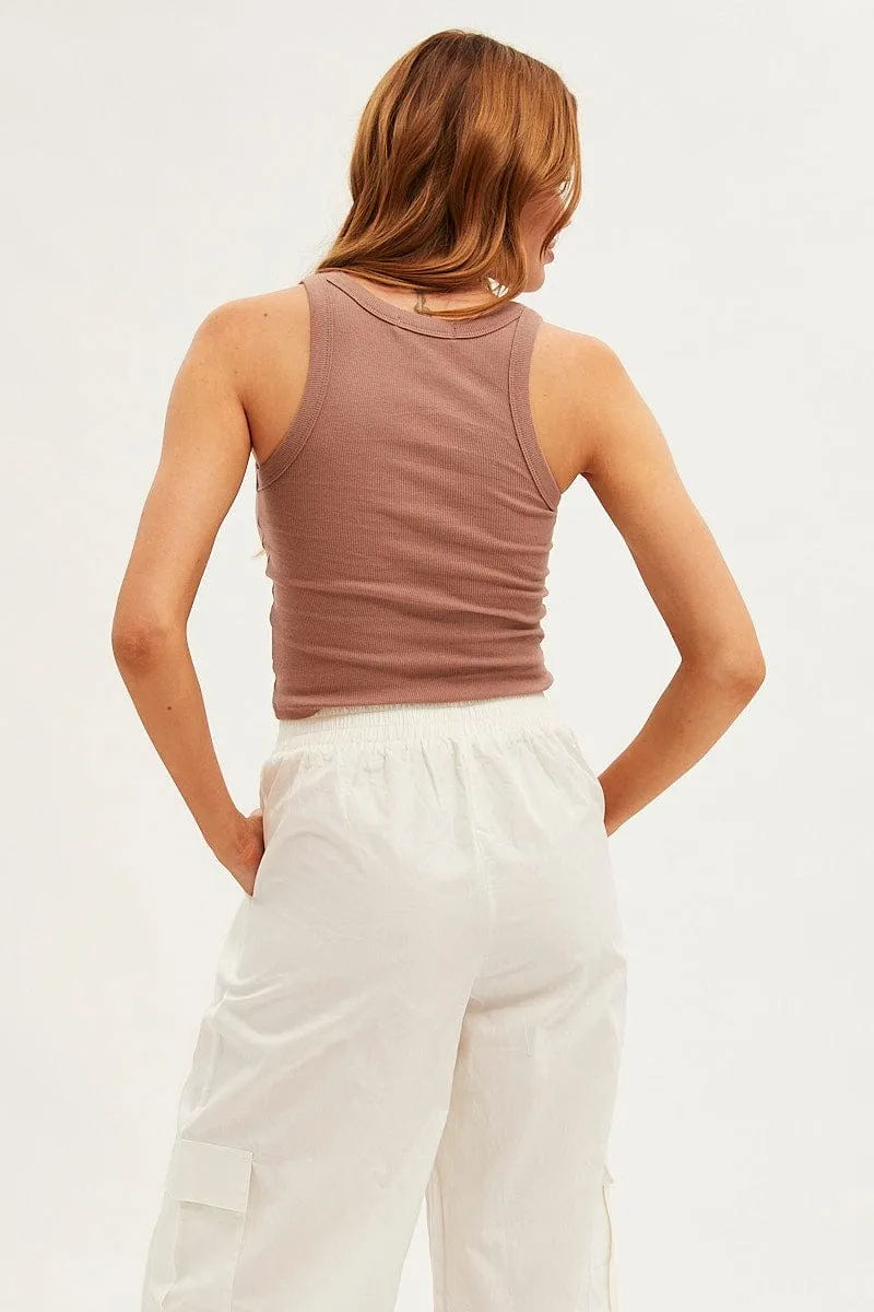 Brown Nashville Embroidered Crop Singlet Top Summer Wear