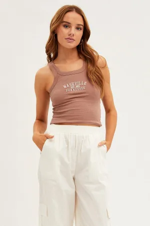 Brown Nashville Embroidered Crop Singlet Top Insulated Outerwear Lightweight Composite