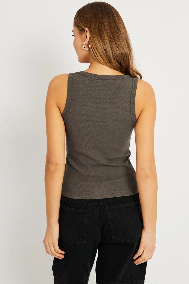 NoSlipWaistband Grey Singlet Top Contrast Stitch