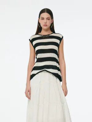 Tencel Blend Stripe Curved Hem Women Knit Tank Top MultiPocket Design Productivity - increased