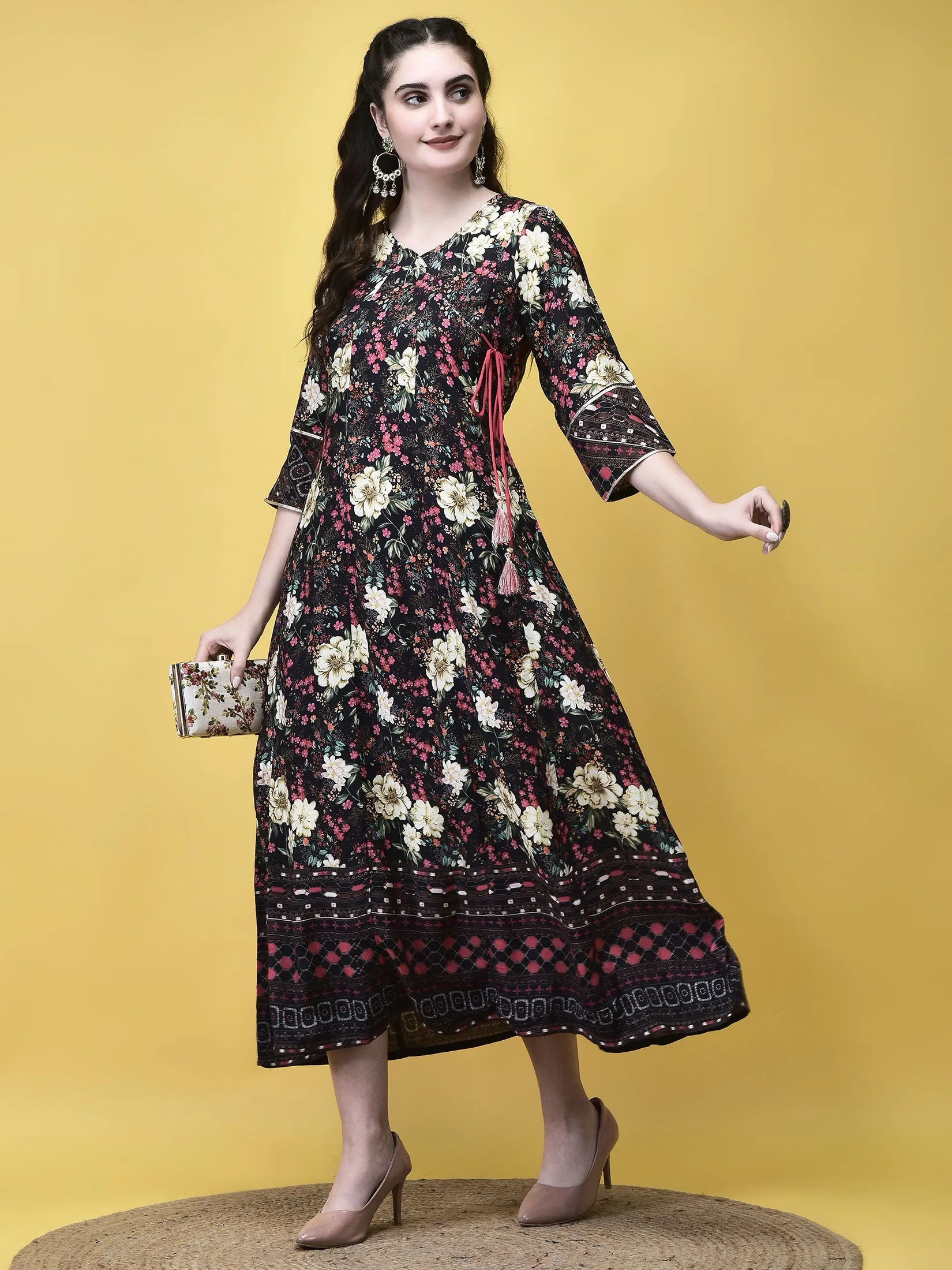 Women Liva Black Floral Print Dress Classic Shirt Story Mood
