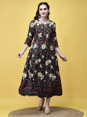 Women Liva Black Floral Print Dress PreShrunk Cotton