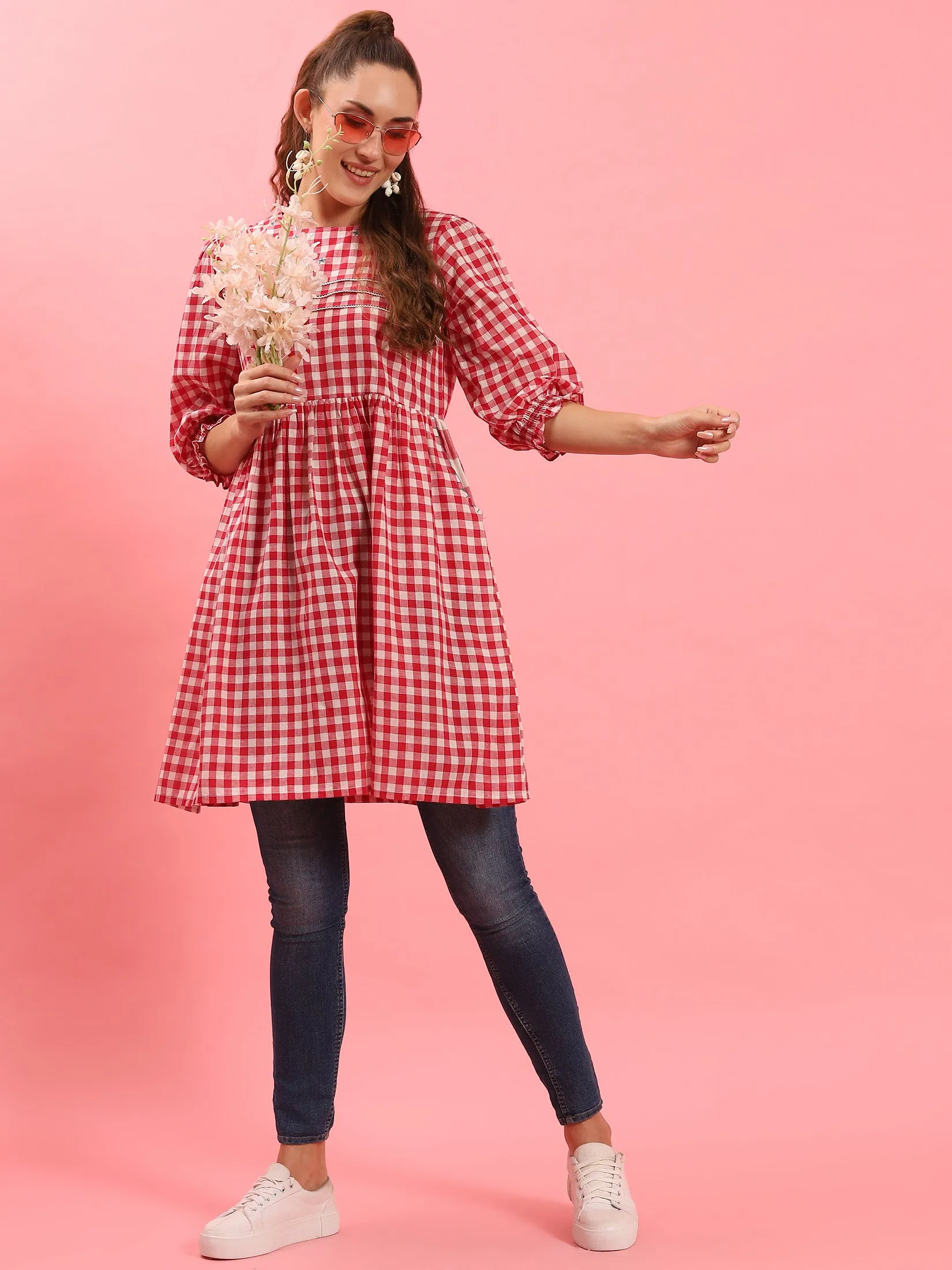 Functional Jacket Women Red Checked Short Dress