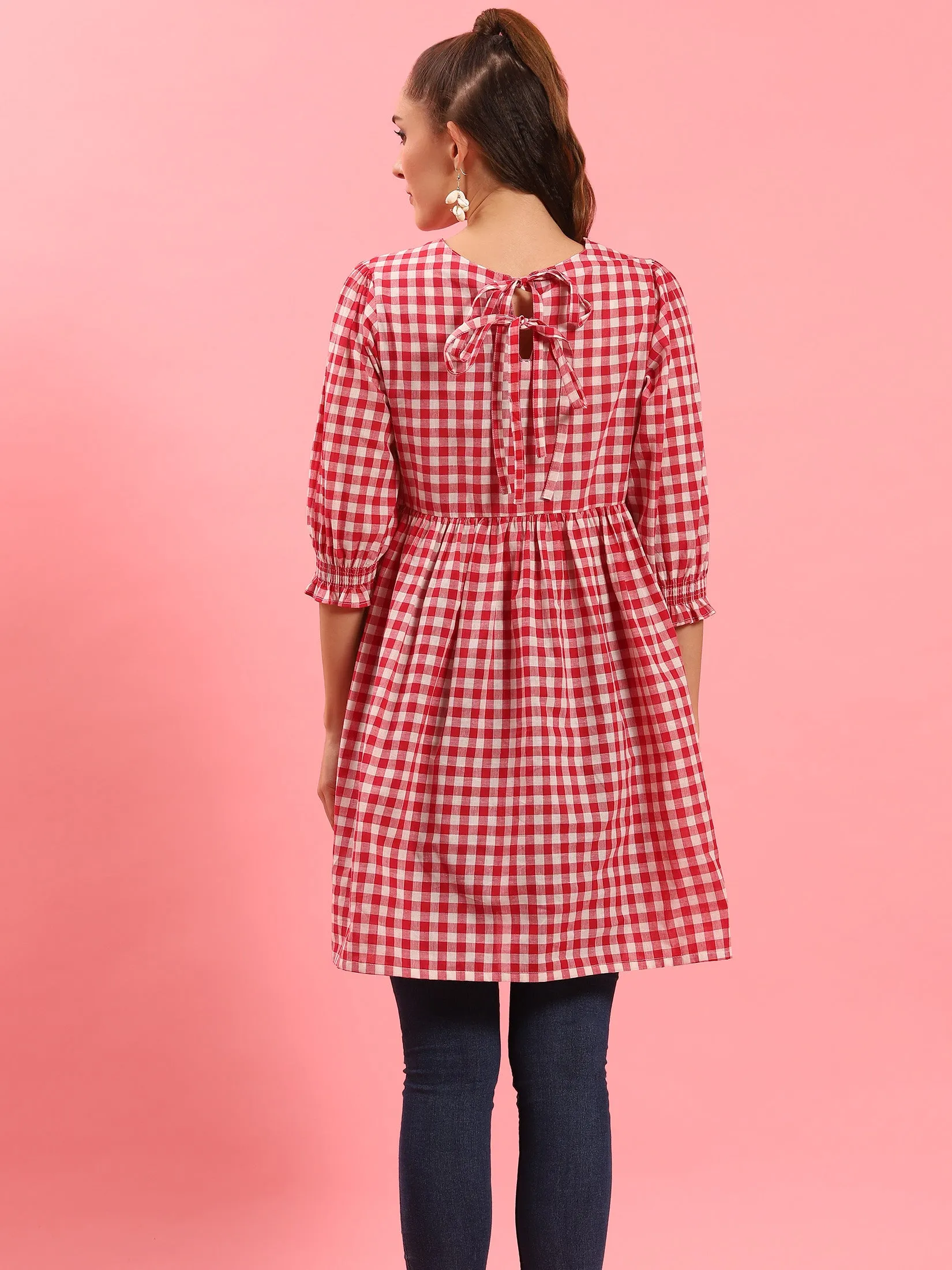 Women Red Checked Short Dress KnotFree Tailoring