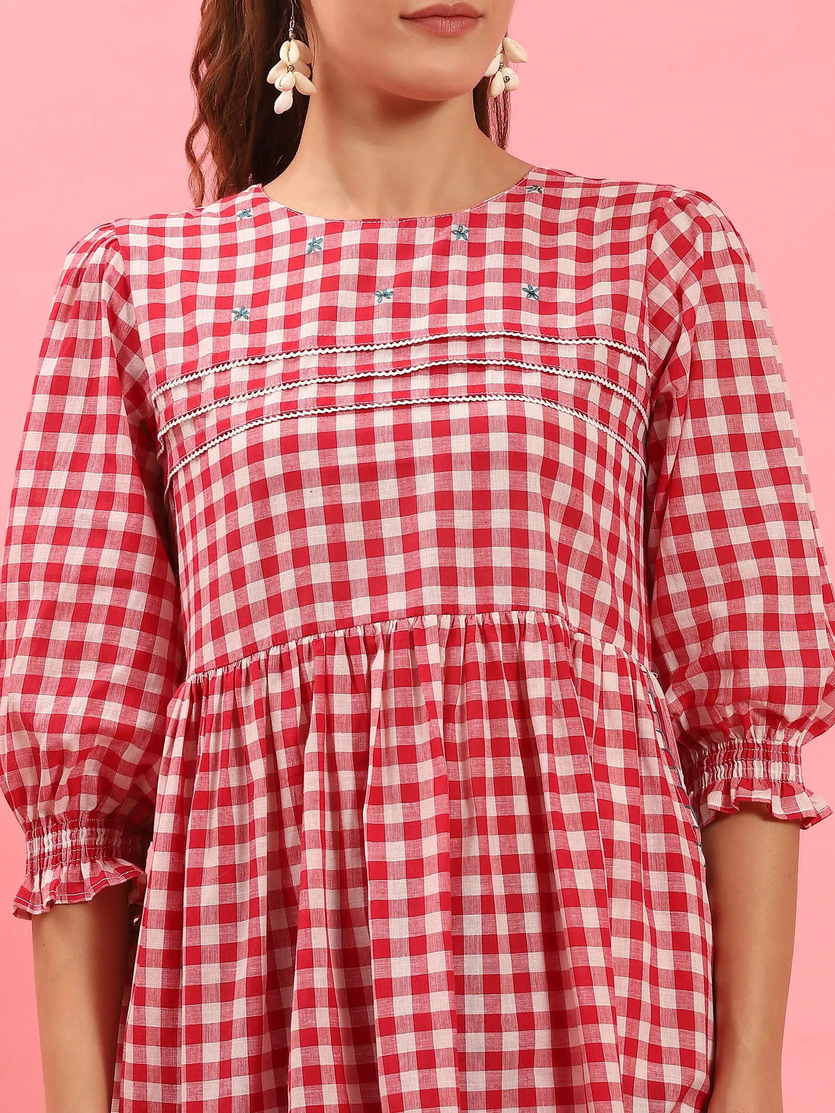 Airflow Mesh Panels Women Red Checked Short Dress