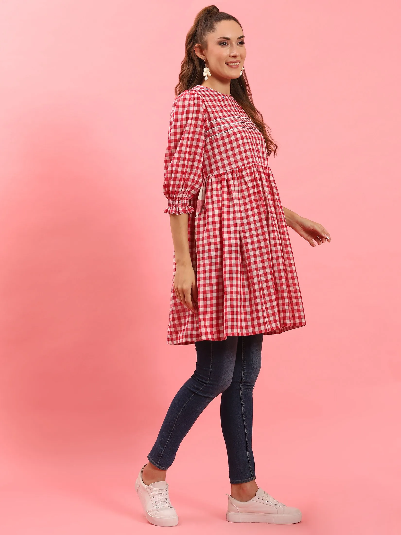 Glitter Fit Women Red Checked Short Dress