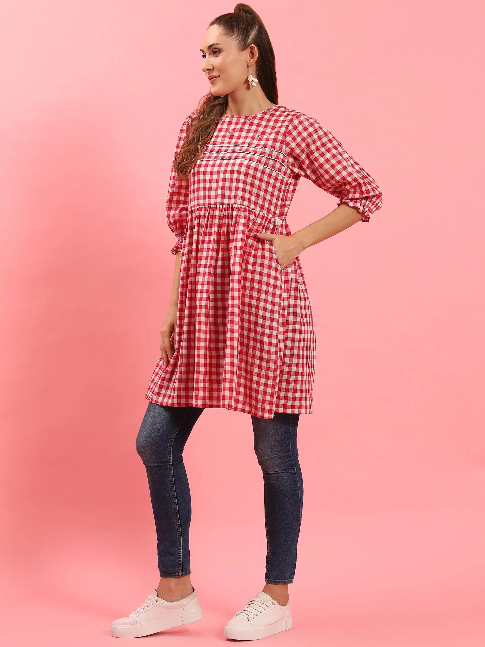 ErgonomicCut Pure Linen Blend Women Red Checked Short Dress