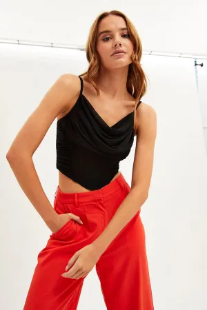 Black Corset Top Sleeveless Cowl Neck Crop Mesh World Glow