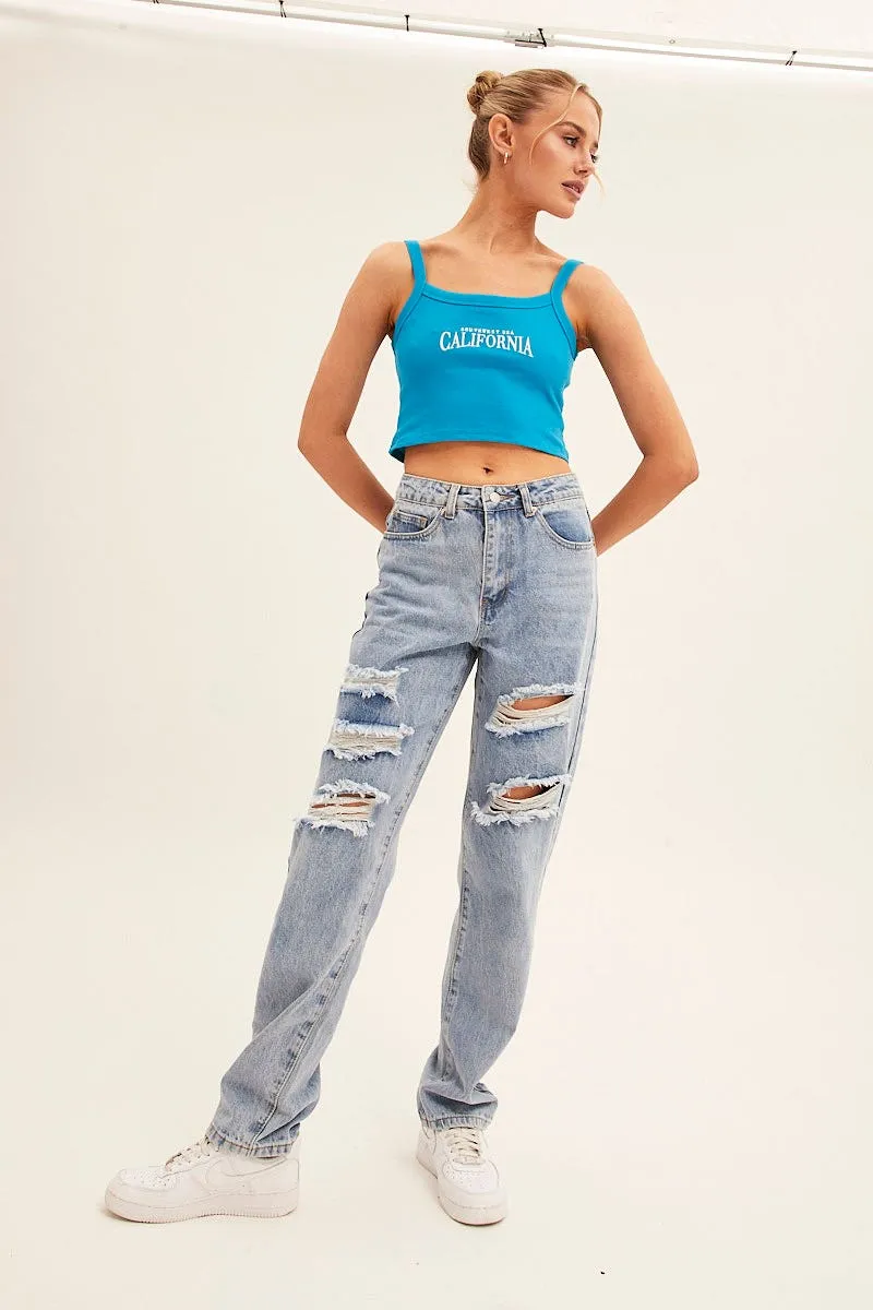 Elegant Dress Blue Crop Singlet Sleeveless Rib Embroidered
