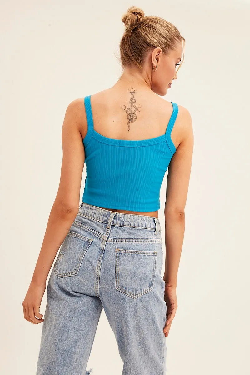 Trendy Look Desert Heat Blue Crop Singlet Sleeveless Rib Embroidered