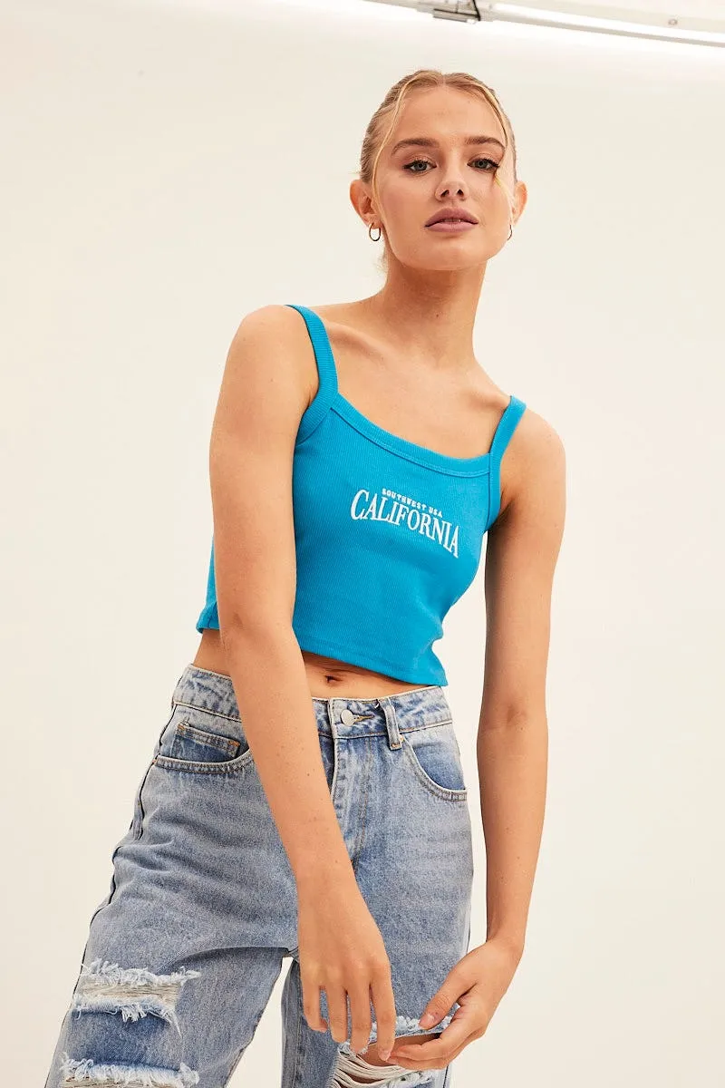 Bold Step Blue Crop Singlet Sleeveless Rib Embroidered