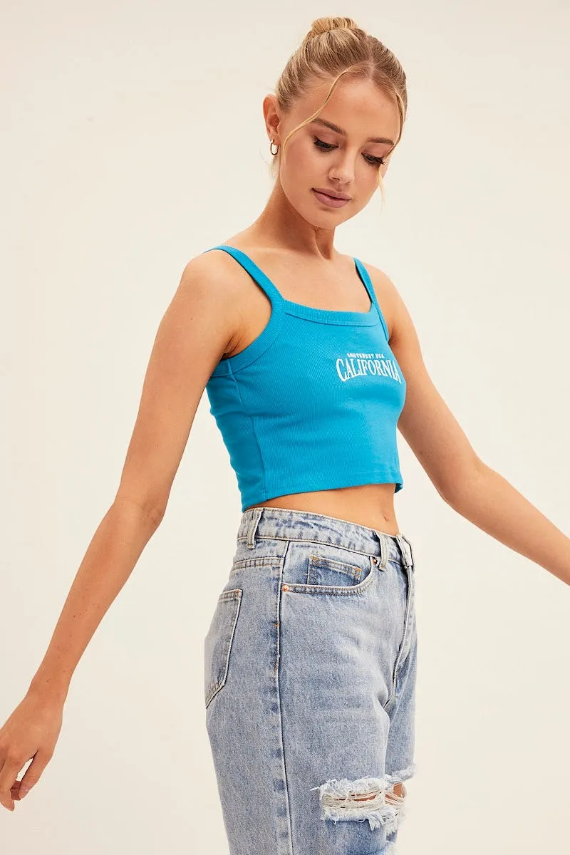 AntiPilling Surface UVProtective Coating Blue Crop Singlet Sleeveless Rib Embroidered