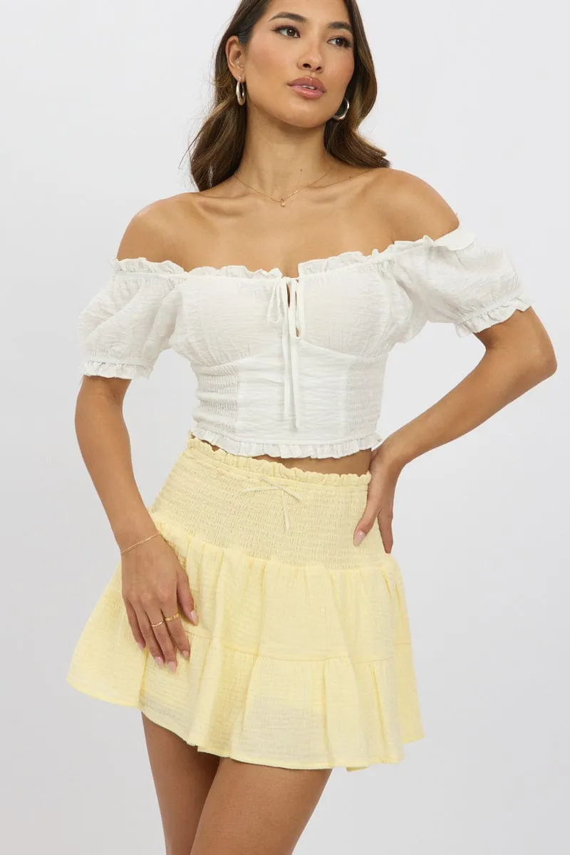 Yellow Mini Skort Skirt Shirred Waist Cotton Textured Lined investment piece Patchwork Design