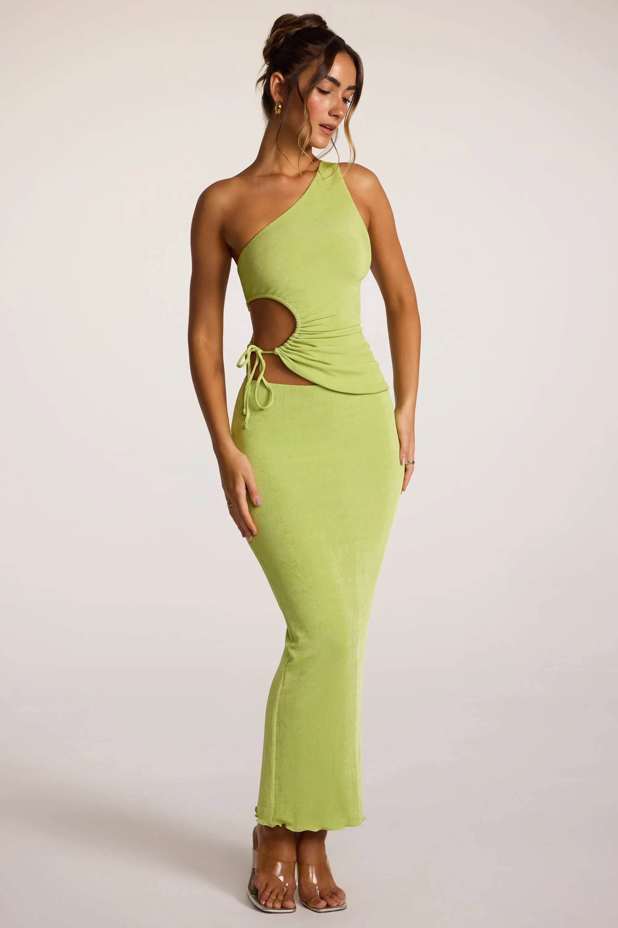 Textured Jersey Low-Rise Maxi Skirt in Lime Tiered Layers